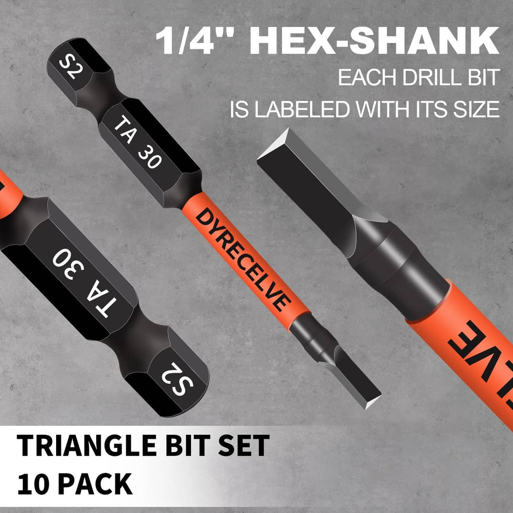 Triangle bit set showing 1/4-inch hex shanks and orange-ringed orange-black handles