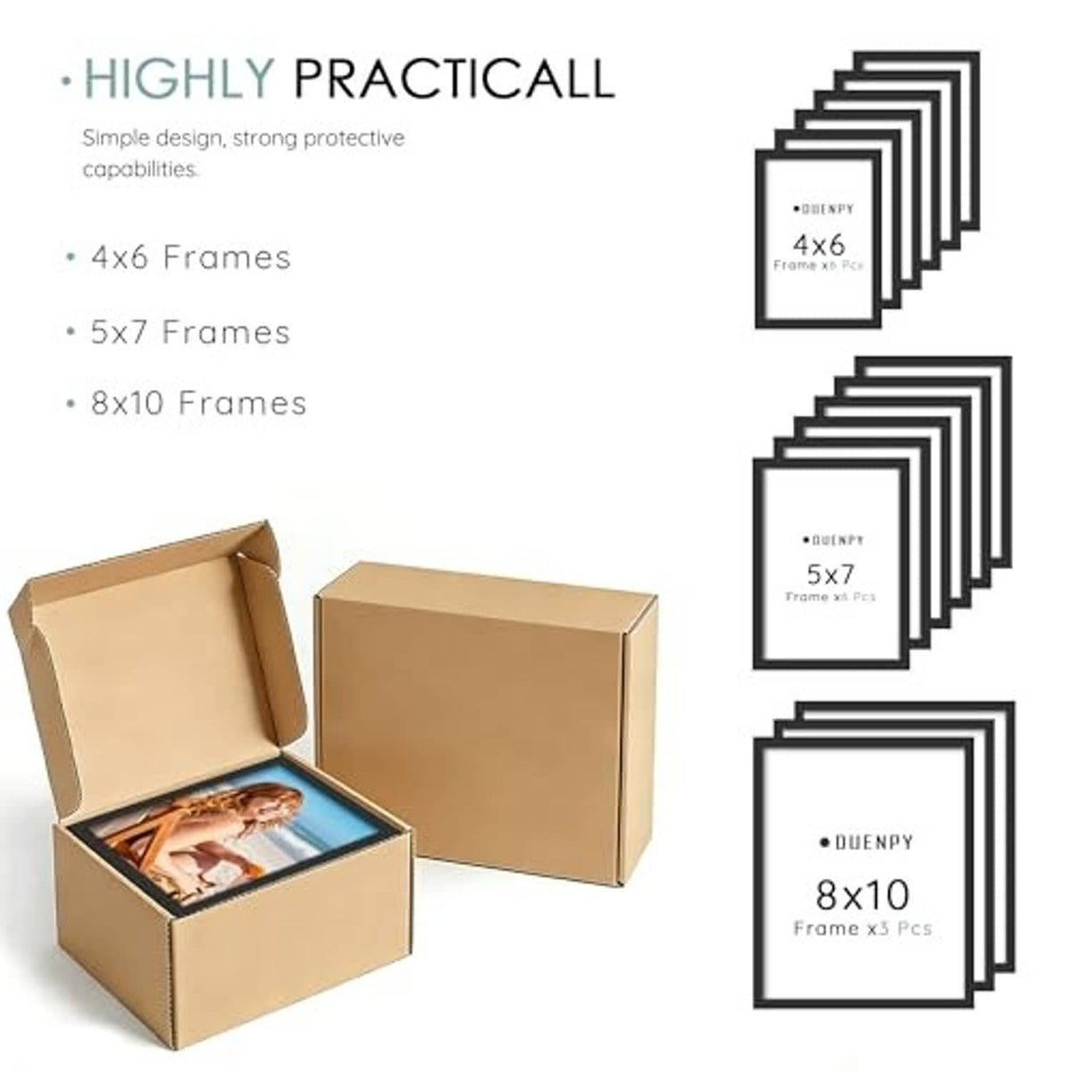 Black photo frame set with stacked frames and protective cardboard packaging