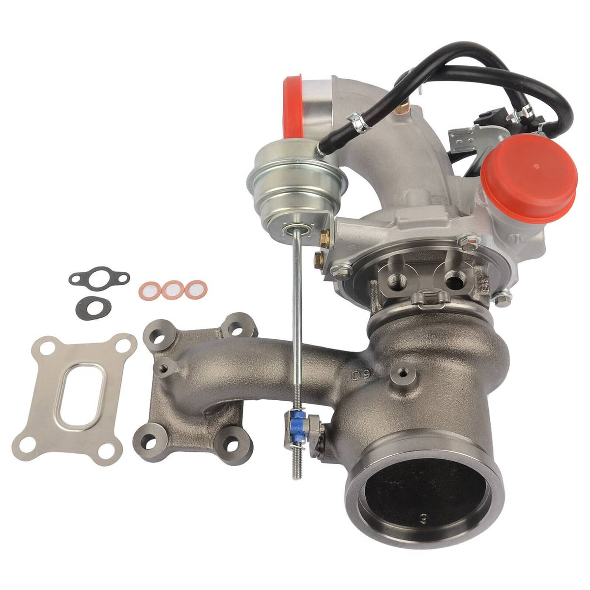 Turbocharger assembly with red caps, black cables, and metal mount flange and gaskets