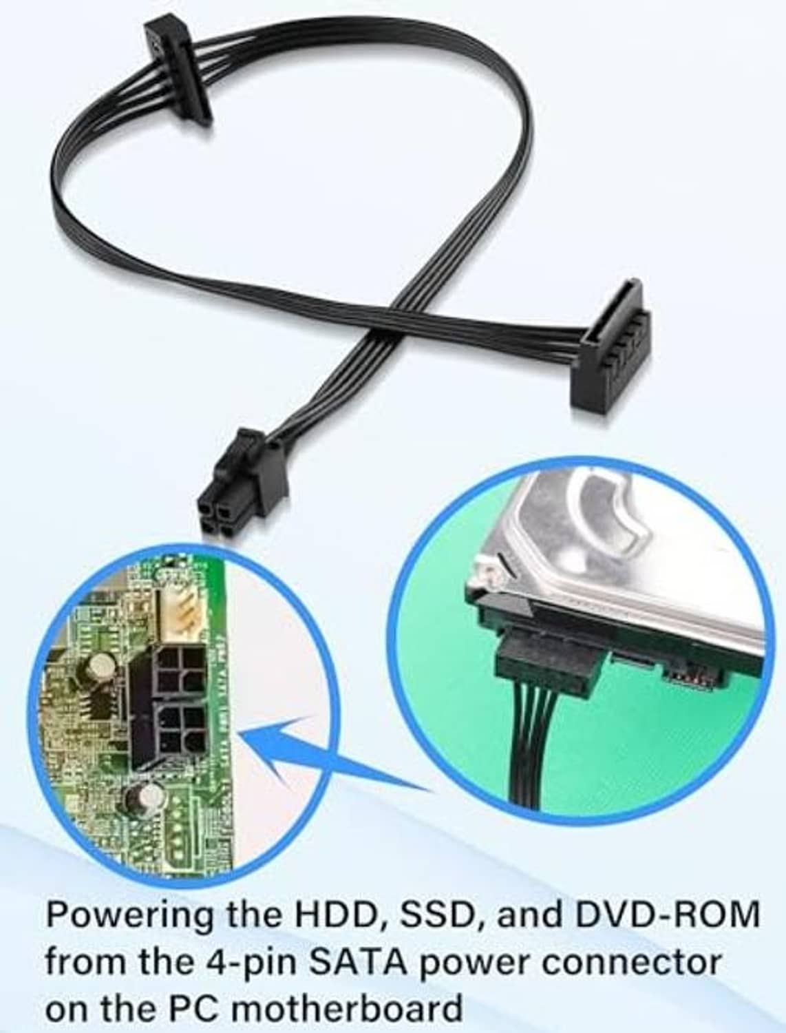 ATX 4-pin to dual SATA adapter cable with motherboard and drive connector closeups