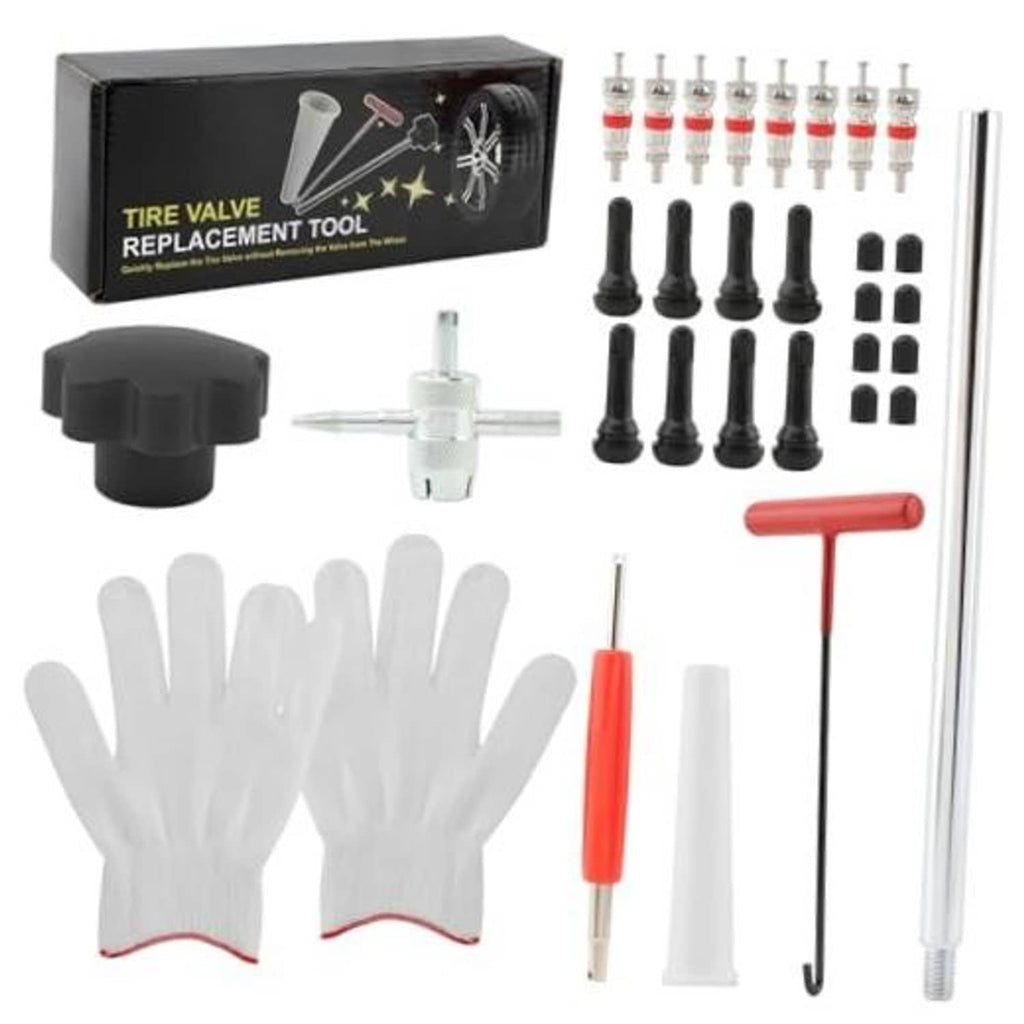 Tire valve replacement tool kit with red handle, valve removers, caps, and white gloves