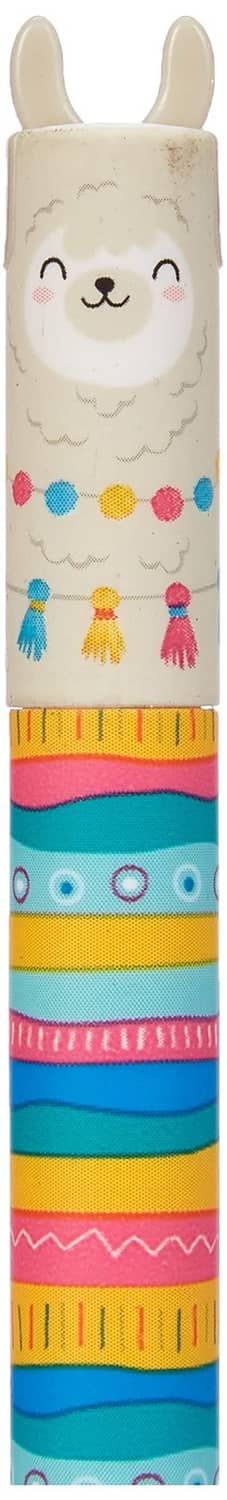 Llama-themed erasable gel pen sleeve with smiling face and rainbow stripes.
