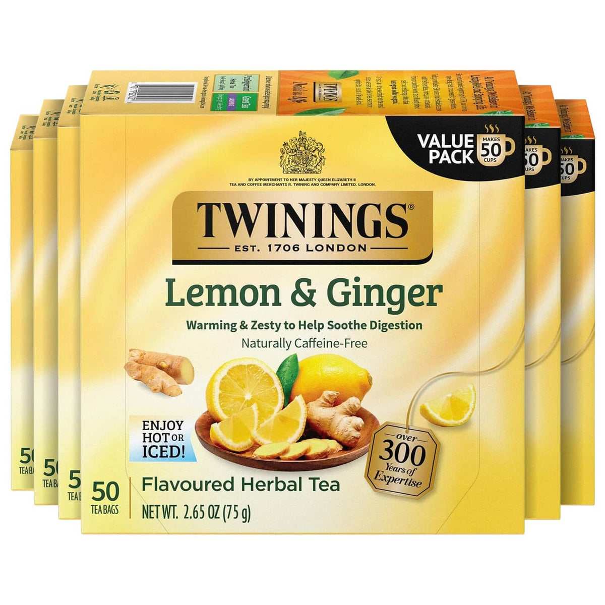 Twinings Lemon & Ginger caffeine-free herbal tea bags value pack, 50 count, 6 boxes