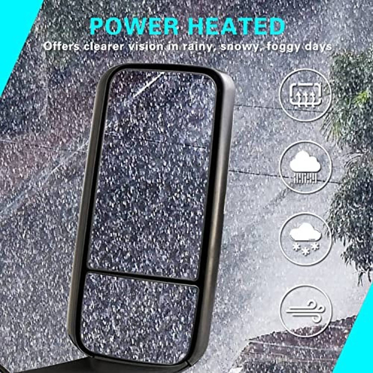 Power-heated left side mirror glass with dark bezel and heating indicator icons
