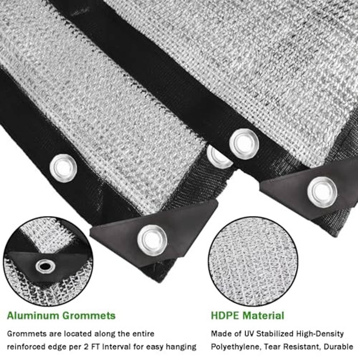 Black strap corner with metal grommets on aluminum shade cloth mesh fabric