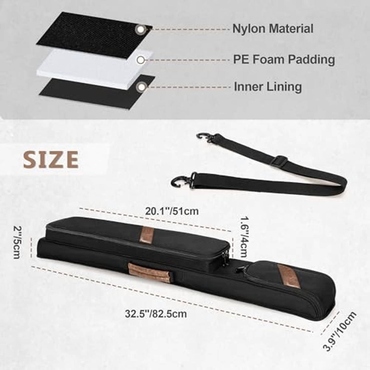 Black pool cue case with padded interior and zippered closure