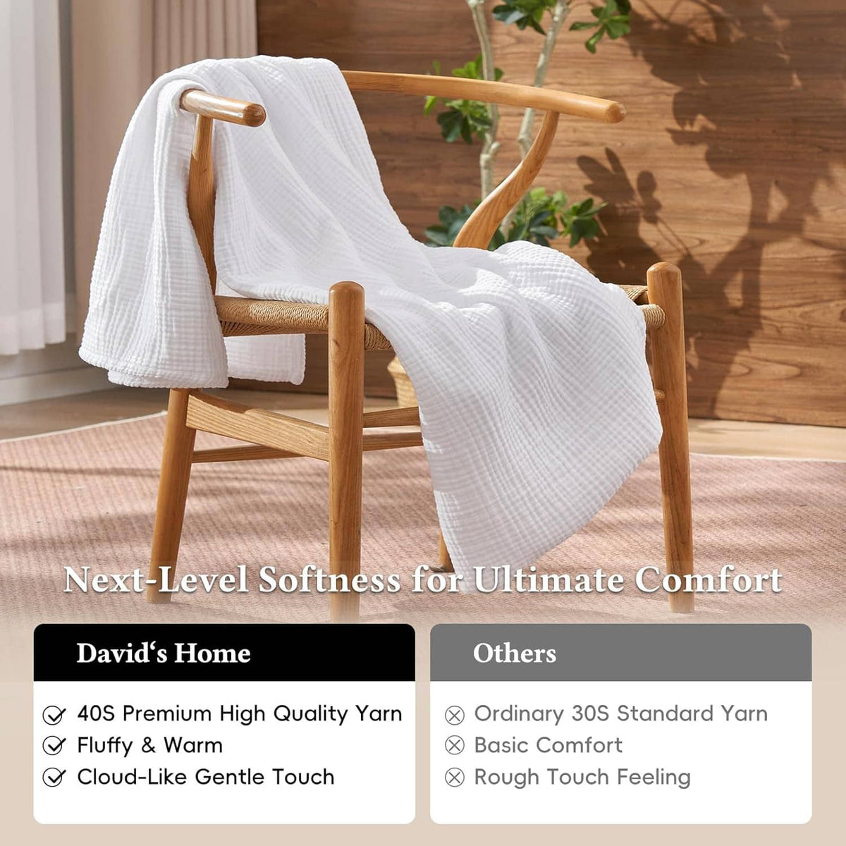 White muslin blanket draped over a wooden chair with neatly folded end
