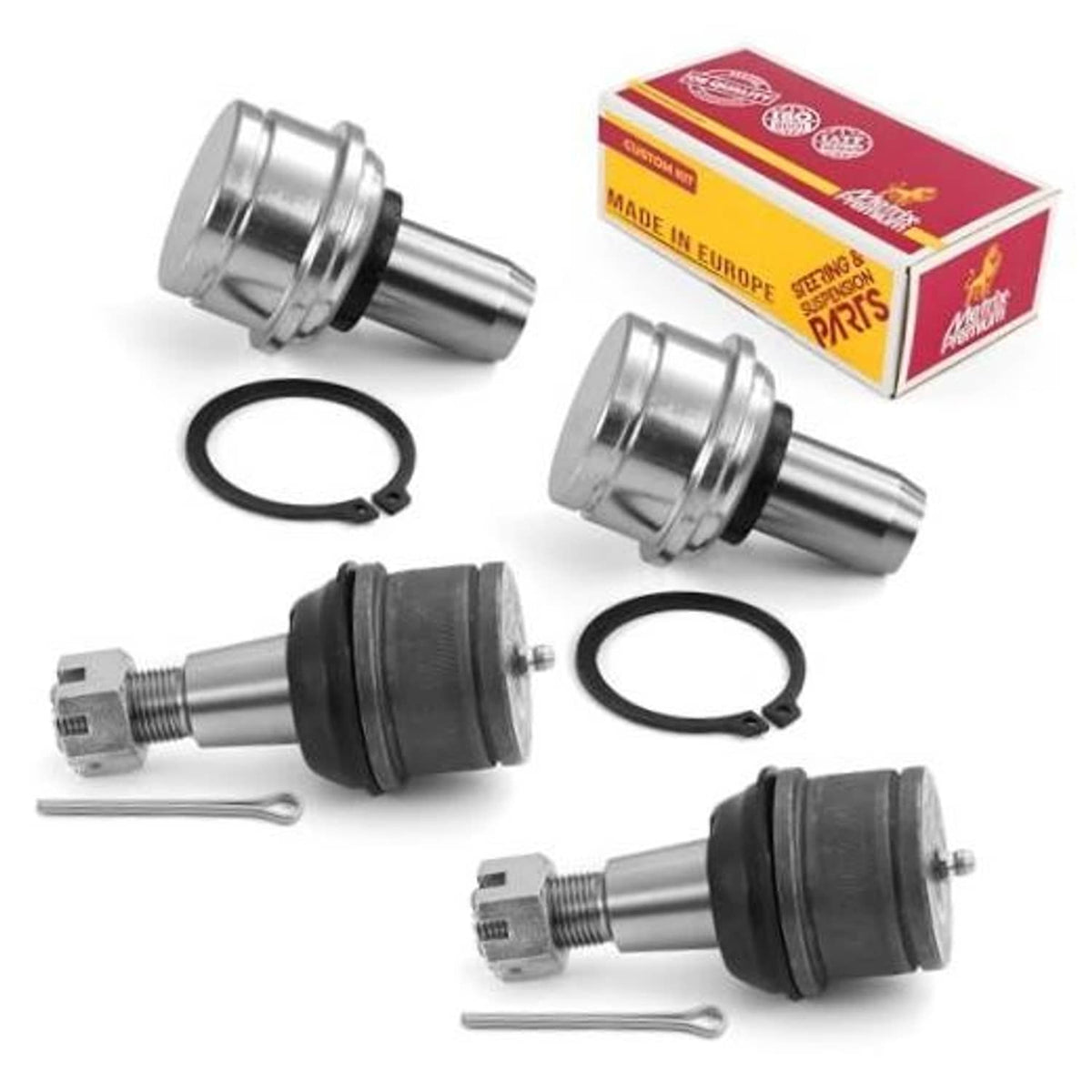 Ball joint kit with two metal ball joints, black boots, and O-ring seals