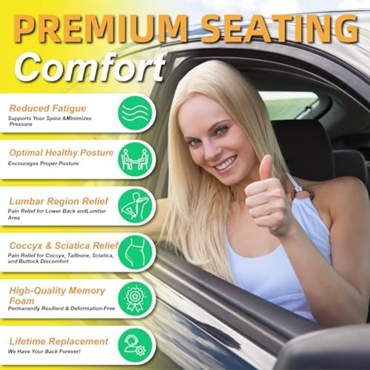 Car seat cushion with back support pillow and memory-foam padded comfort