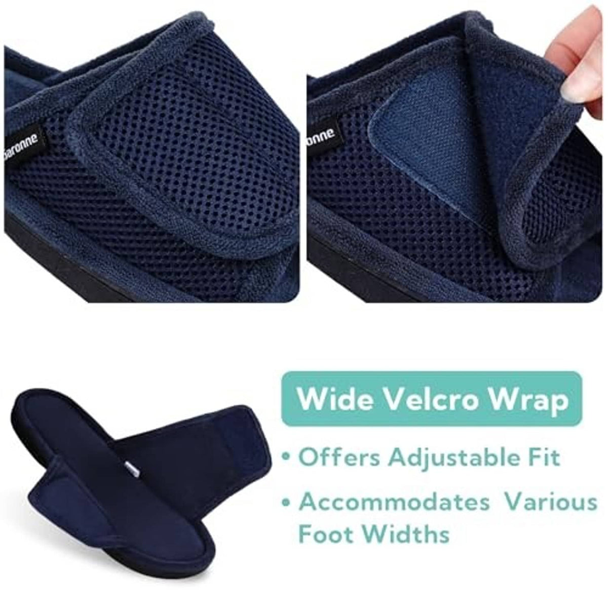 Navy adjustable velcro wrap slipper with textured mesh upper