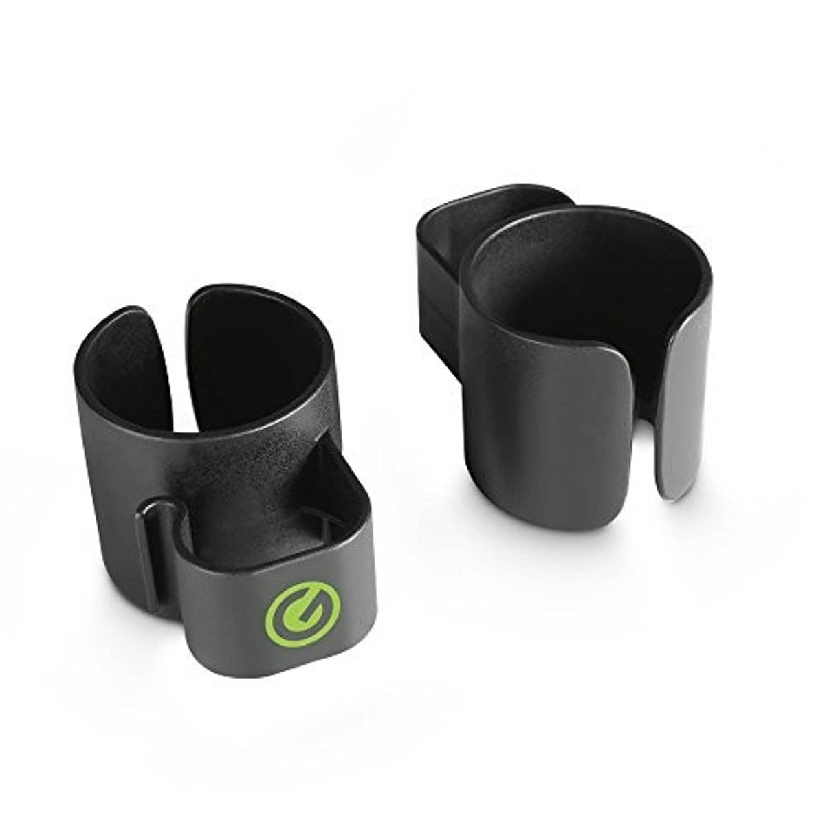 Black speaker pole cable clip with side support and opening, pair shown