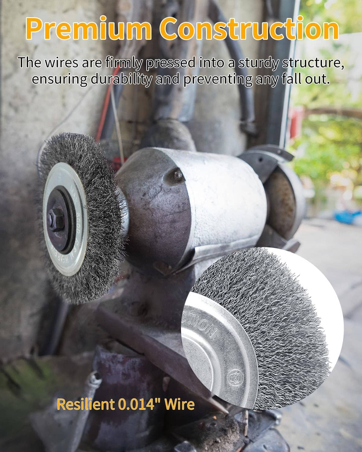 Pair of 8-inch wire wheels on bench grinder, dark gray steel bristles and hubs