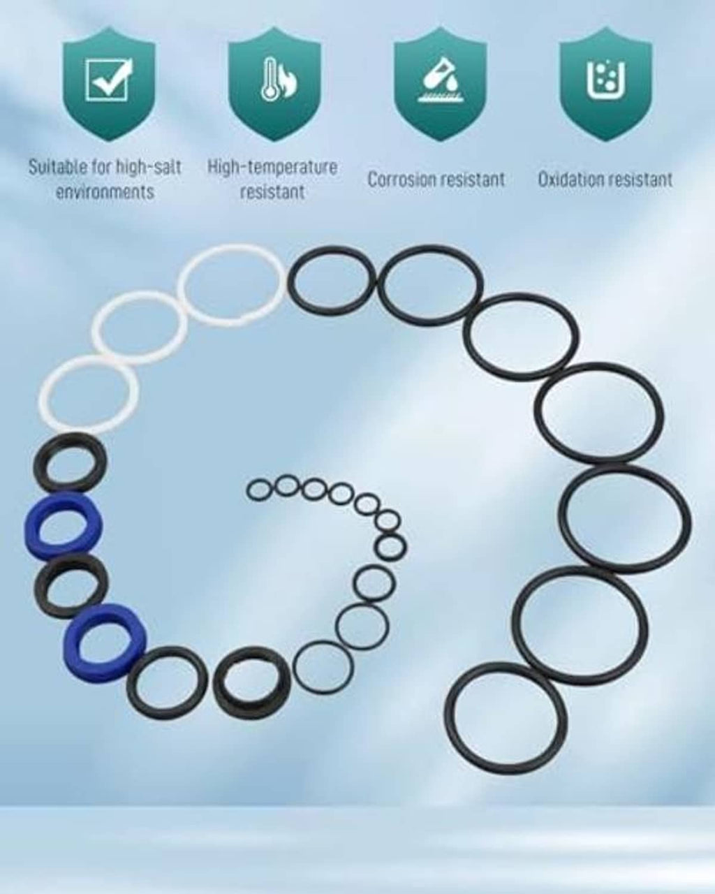 Tilt trim seal kit with O-rings arranged in a loop shape, black and blue seals