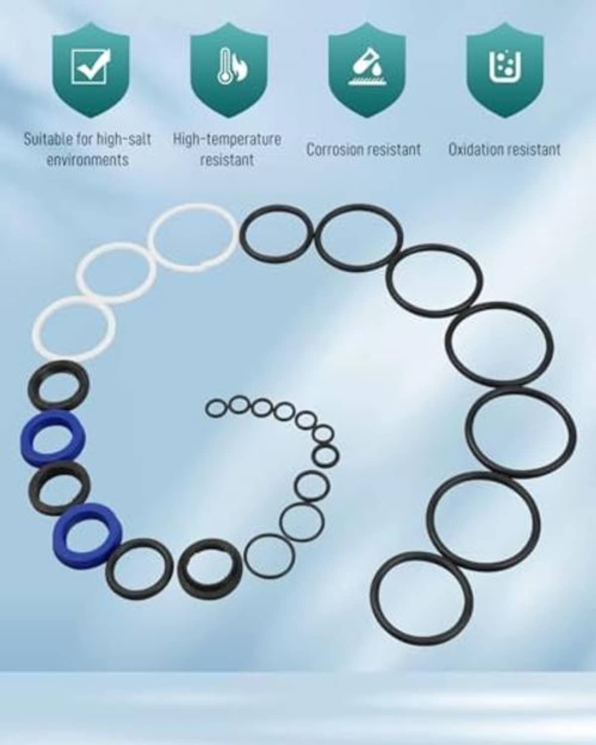 Tilt trim seal kit with O-rings arranged in a loop shape, black and blue seals