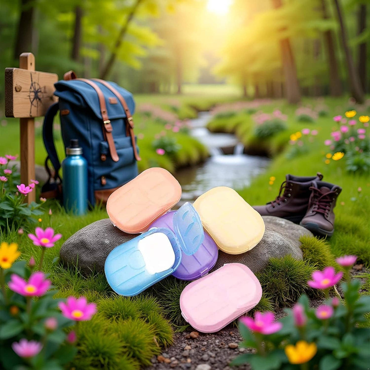 Pastel disposable soap paper bars on grass: orange, yellow, blue, purple, and pink