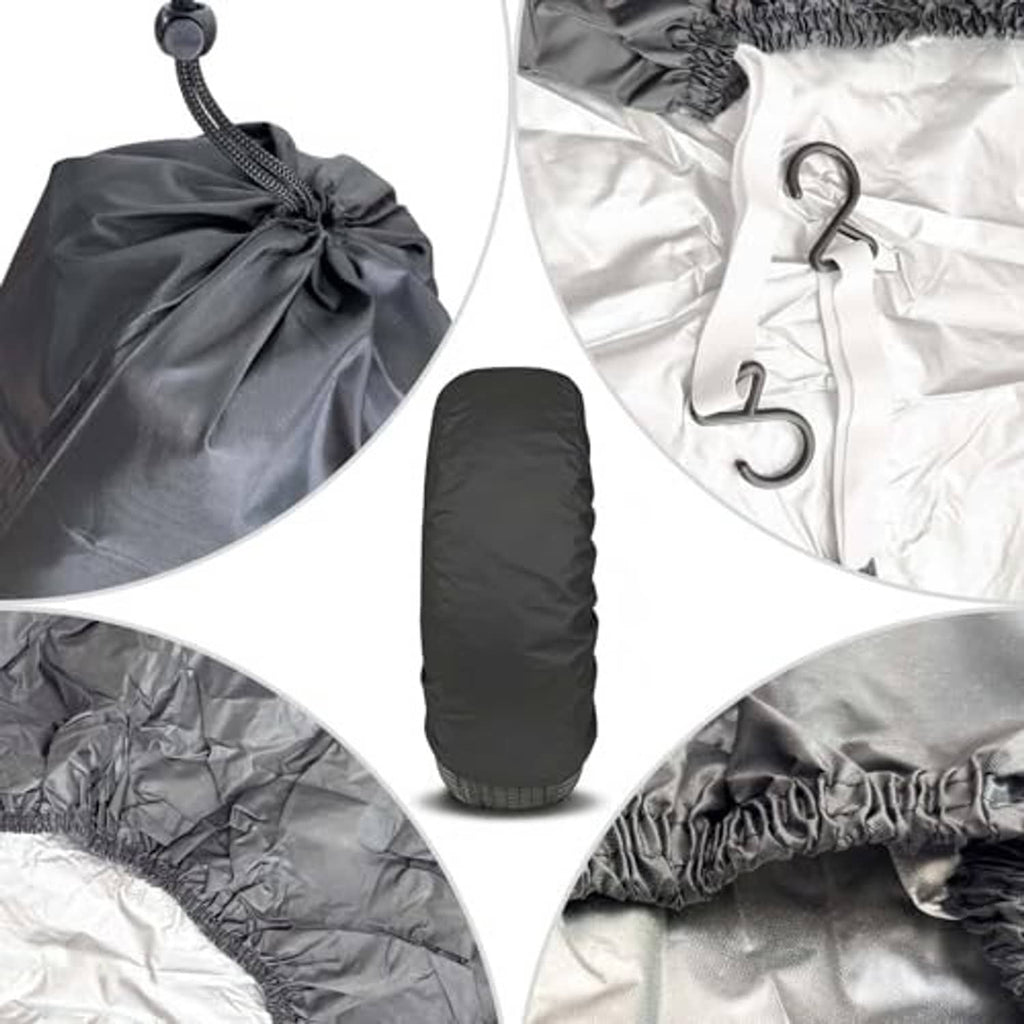 Black drawstring storage bag and spare tire cover fabric with gathered rim