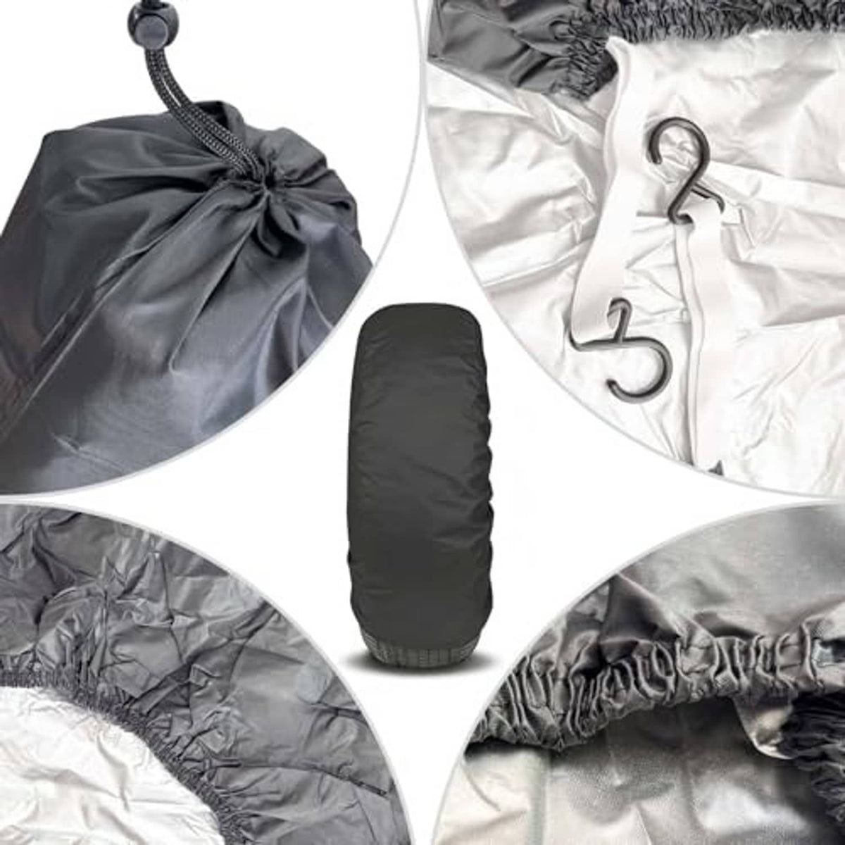 Black drawstring storage bag and spare tire cover fabric with gathered rim