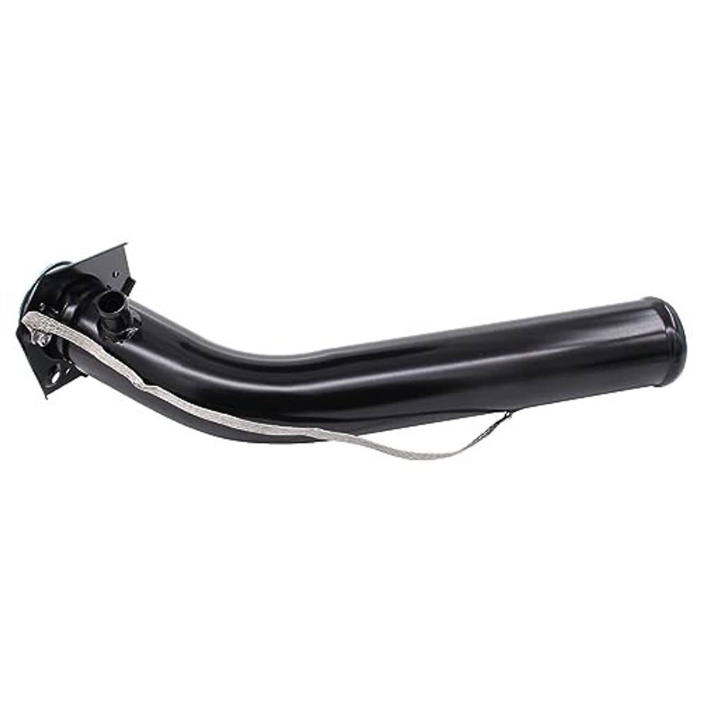 Black fuel tank filler neck pipe with mounting bracket and cable/tether