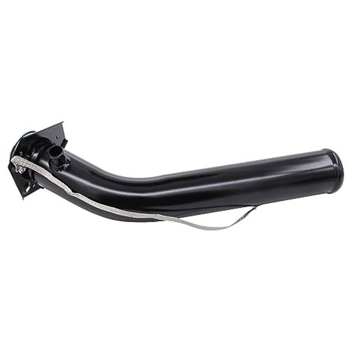 Black fuel tank filler neck pipe with mounting bracket and cable/tether