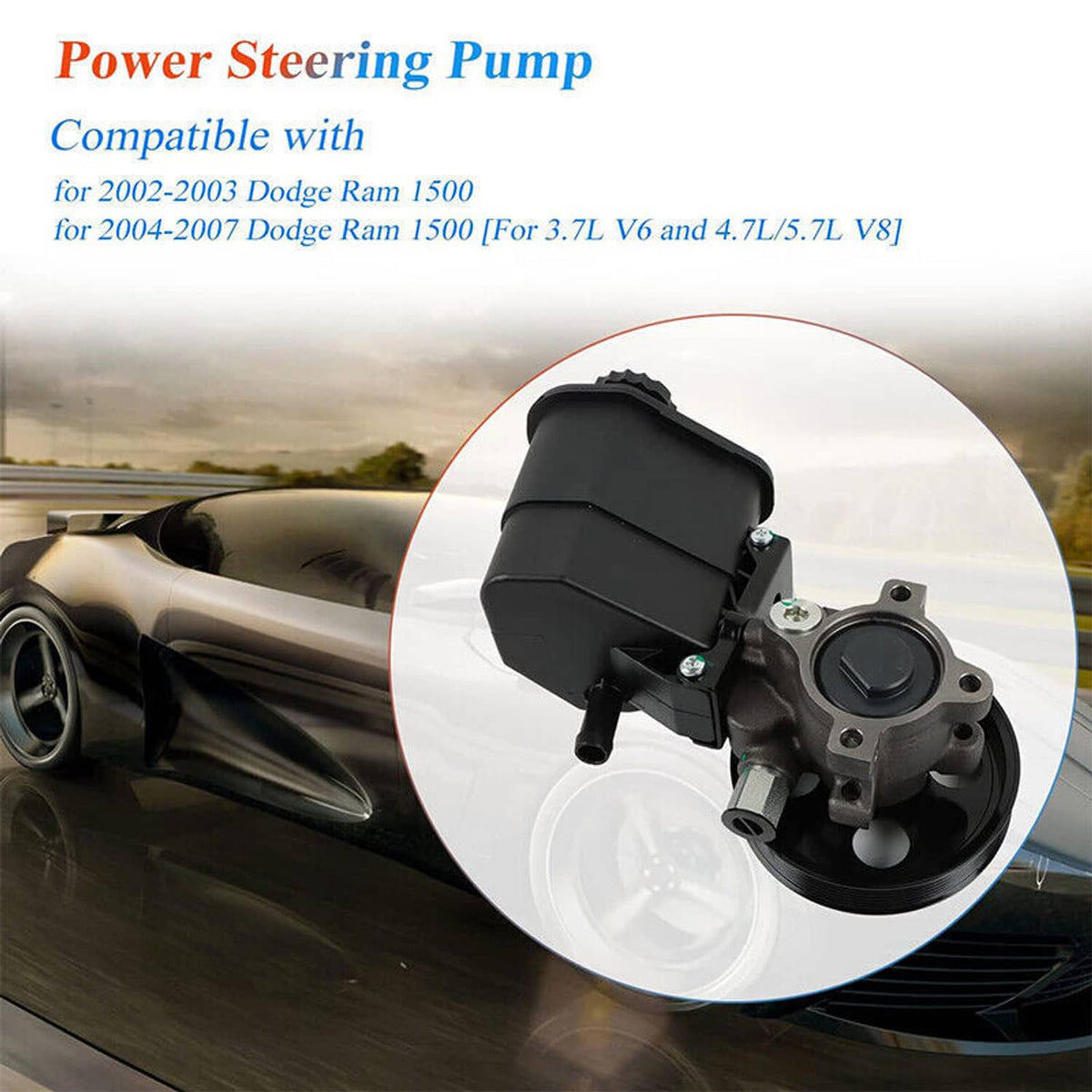 Power steering pump and reservoir unit with pulley, shown angled with mounting bracket