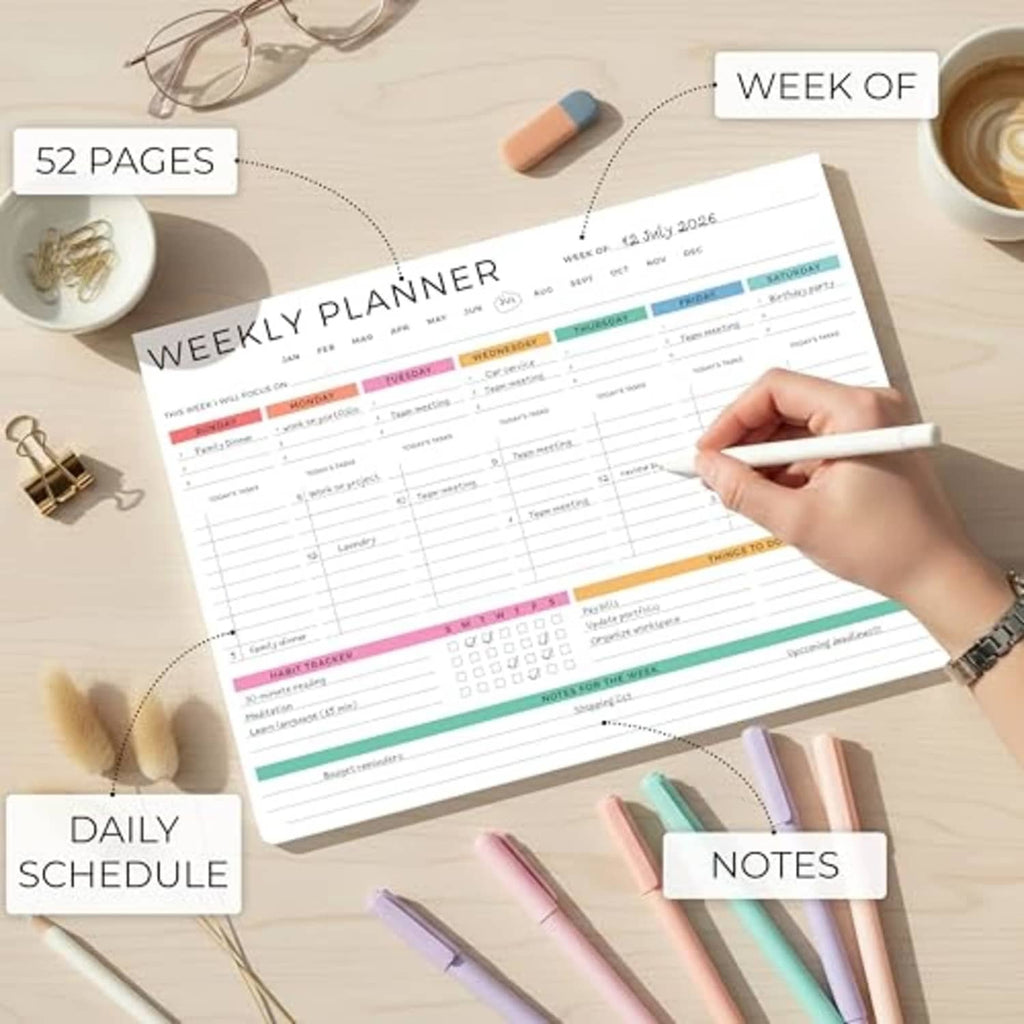 Weekly planner notepad, 52 pages with daily schedule and notes sections, 8.5x11