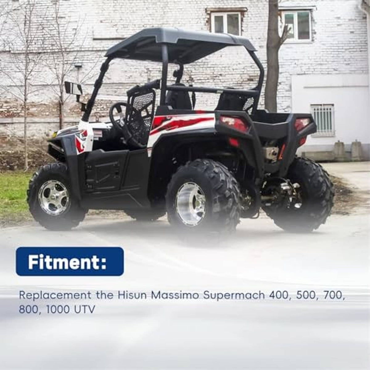 Off-road UTV parked outdoors with roll cage, black tires, and front grille.