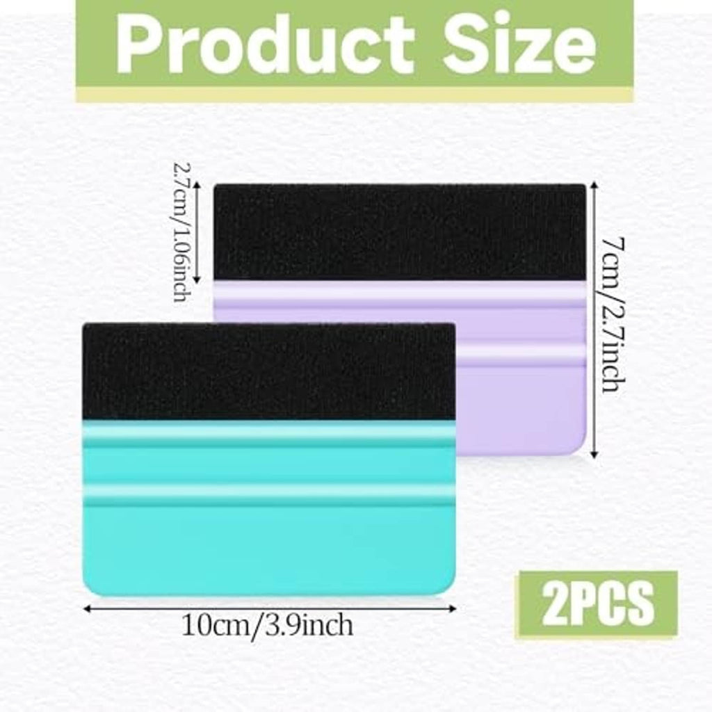 Two vinyl squeegees with black felt pads, turquoise and purple plastic handles