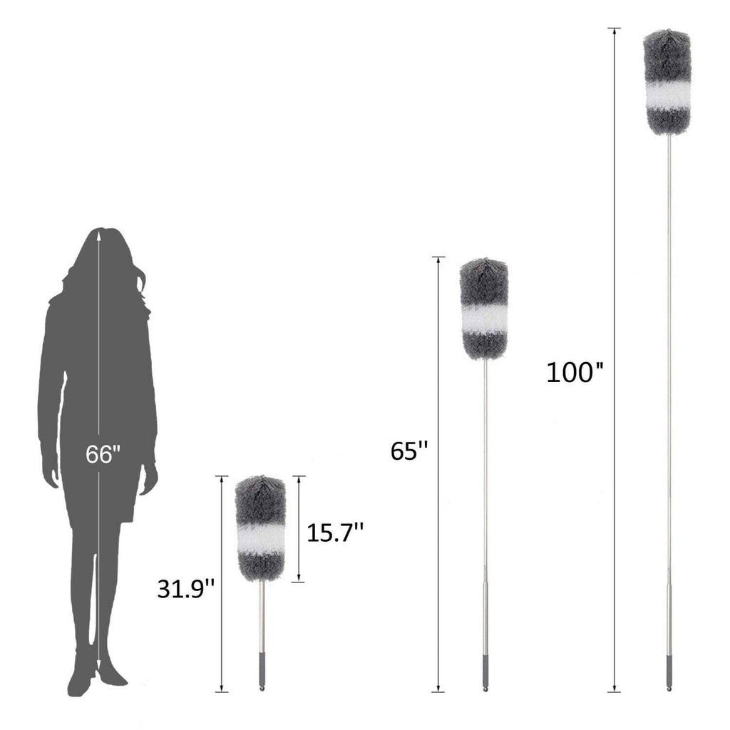Extendable microfiber duster showing multiple heights, each with rounded gray and white head