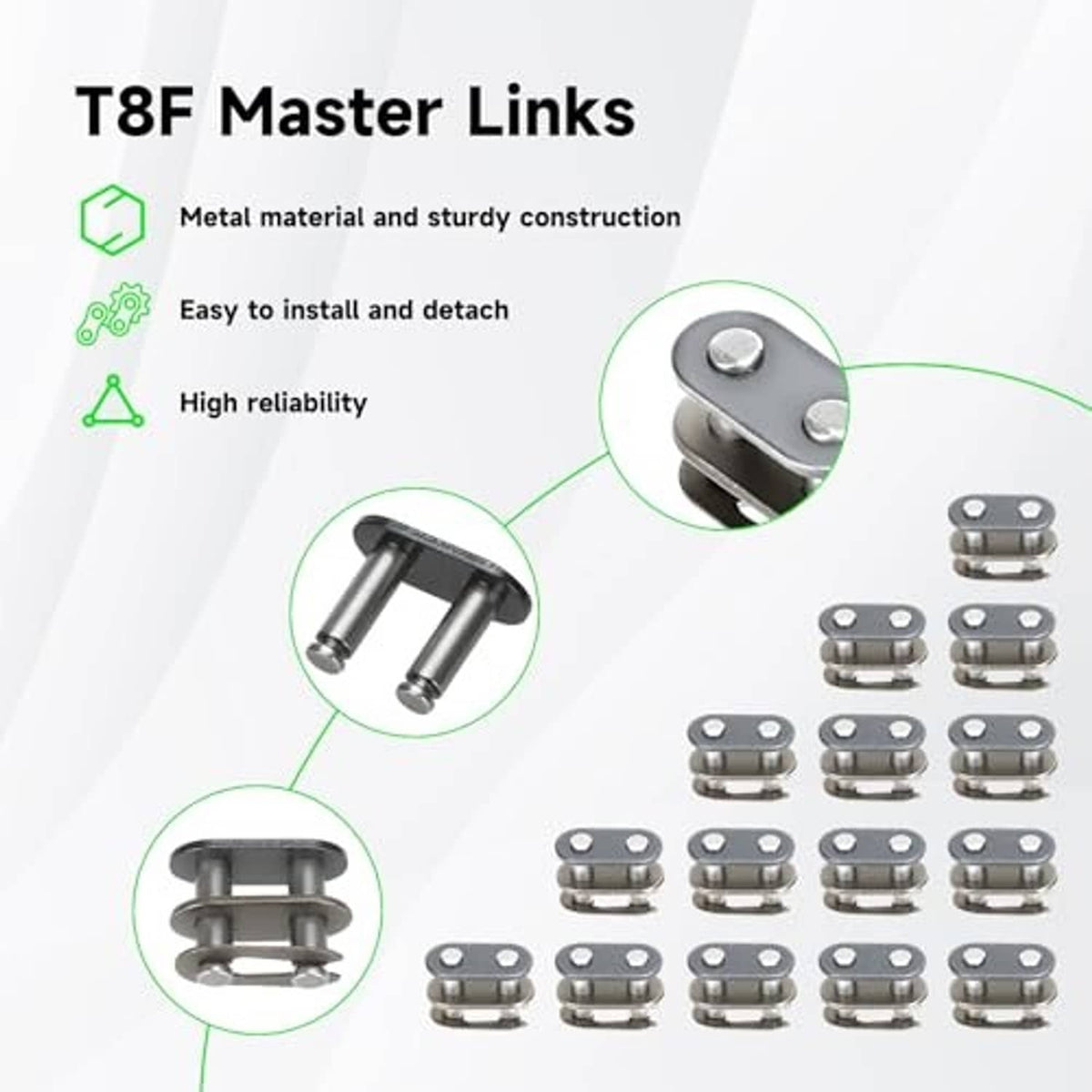 Steel master chain links with chain breaker pins and connector link details