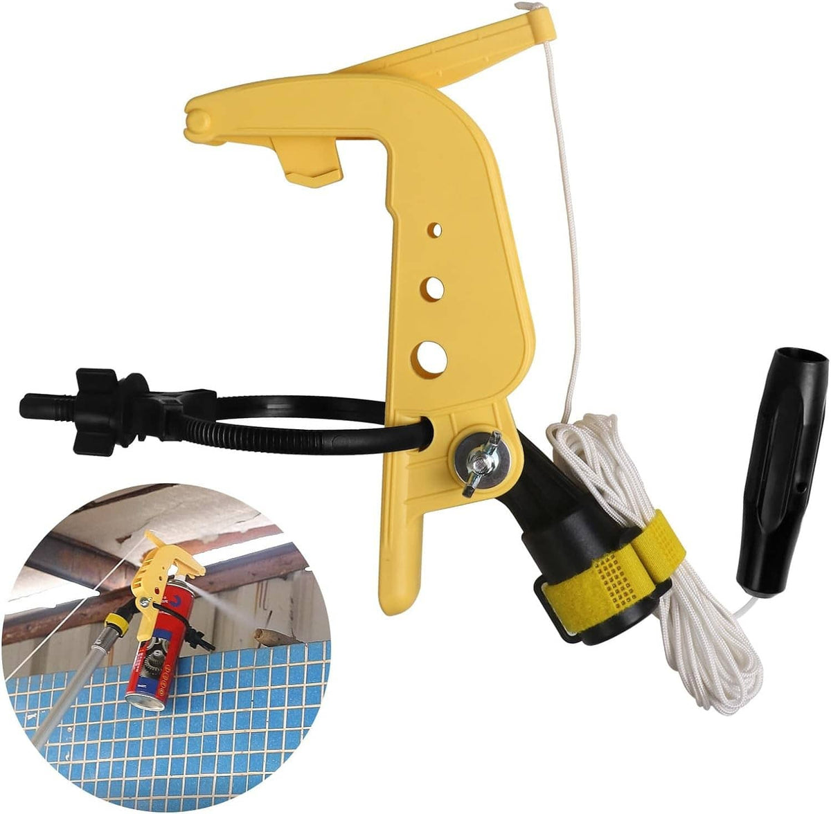 Yellow aerosol sprayer adaptor with trigger, black hose, and extension-pole connector
