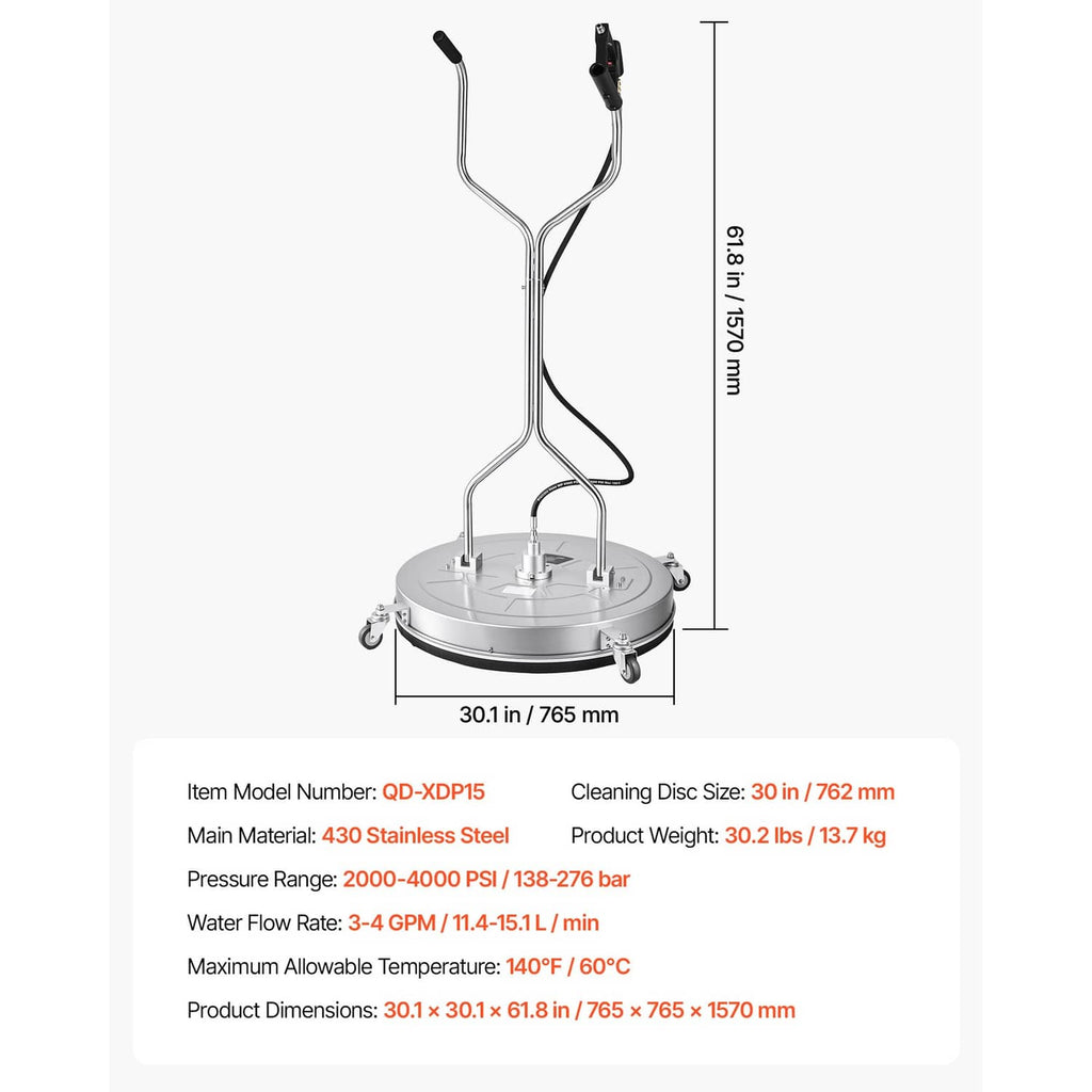 Steel pressure washer surface cleaner with long handle, circular base, and three spray jets