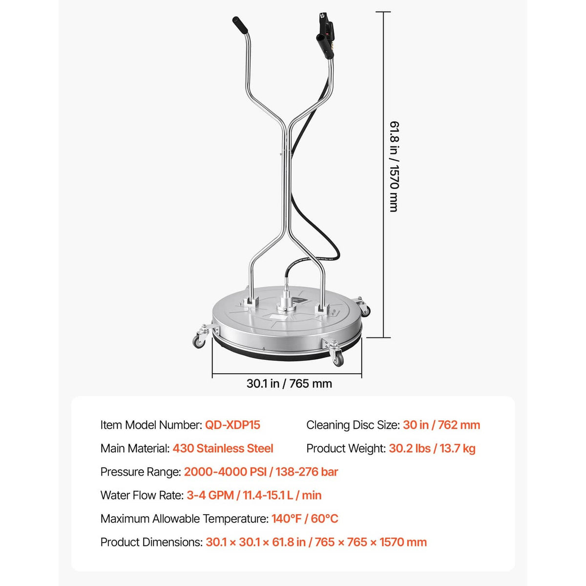 Steel pressure washer surface cleaner with long handle, circular base, and three spray jets