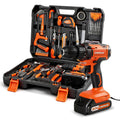 Orange 20V cordless drill and 120-piece tool set in hard case