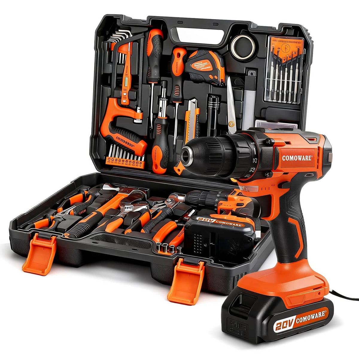 Orange 20V cordless drill and 120-piece tool set in hard case