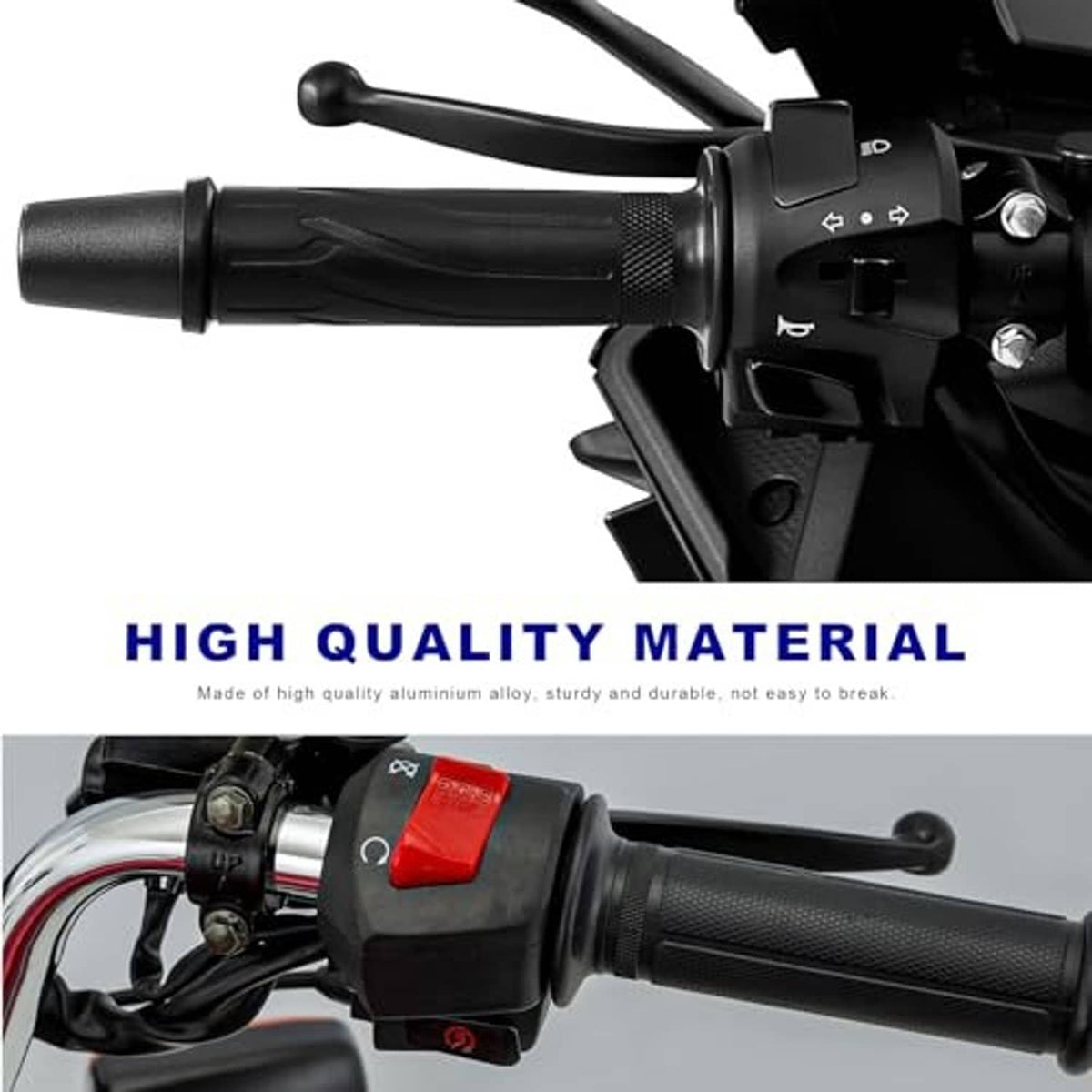 Black clutch lever housing and textured grip on motorcycle handlebar, close-up