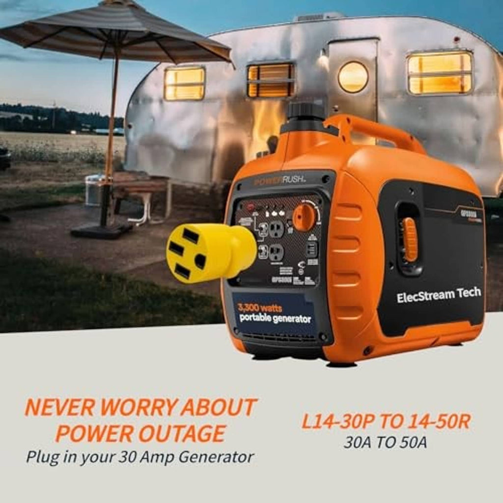 Yellow twist-lock generator adapter connected to a portable generator outlet