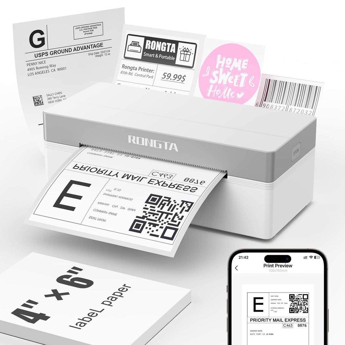 White thermal shipping label printer with 4x6 labels and phone print preview screen