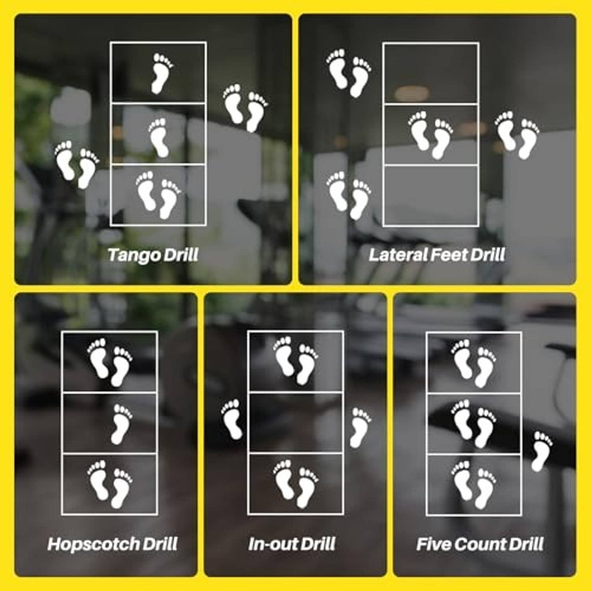 Yellow agility ladder with multiple footstep drill patterns and numbered layouts