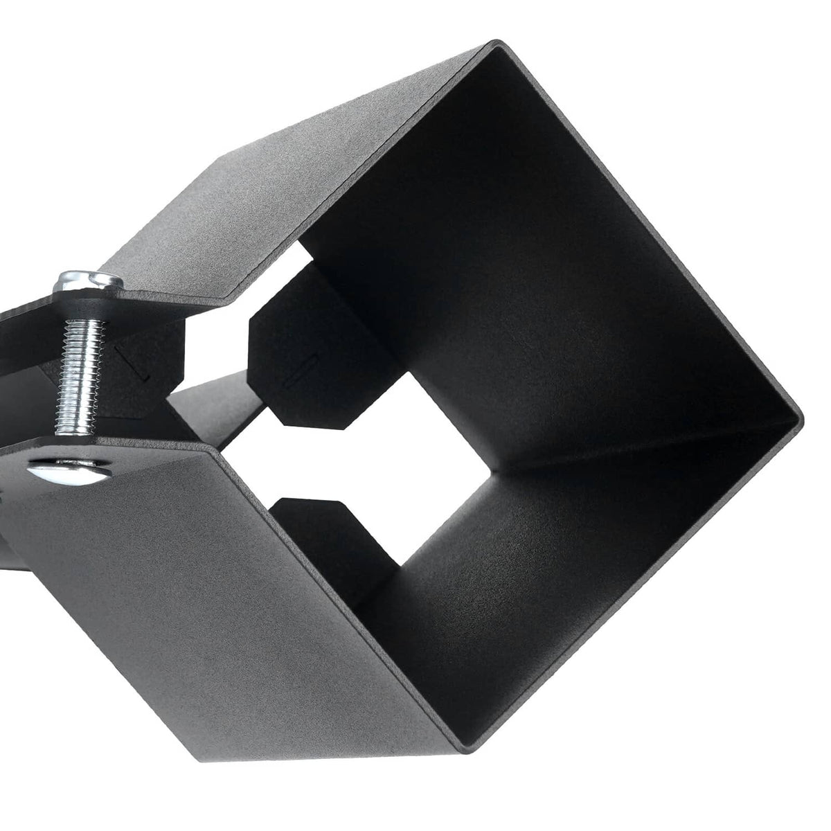 Black metal post base anchor with square opening and threaded bolt hardware