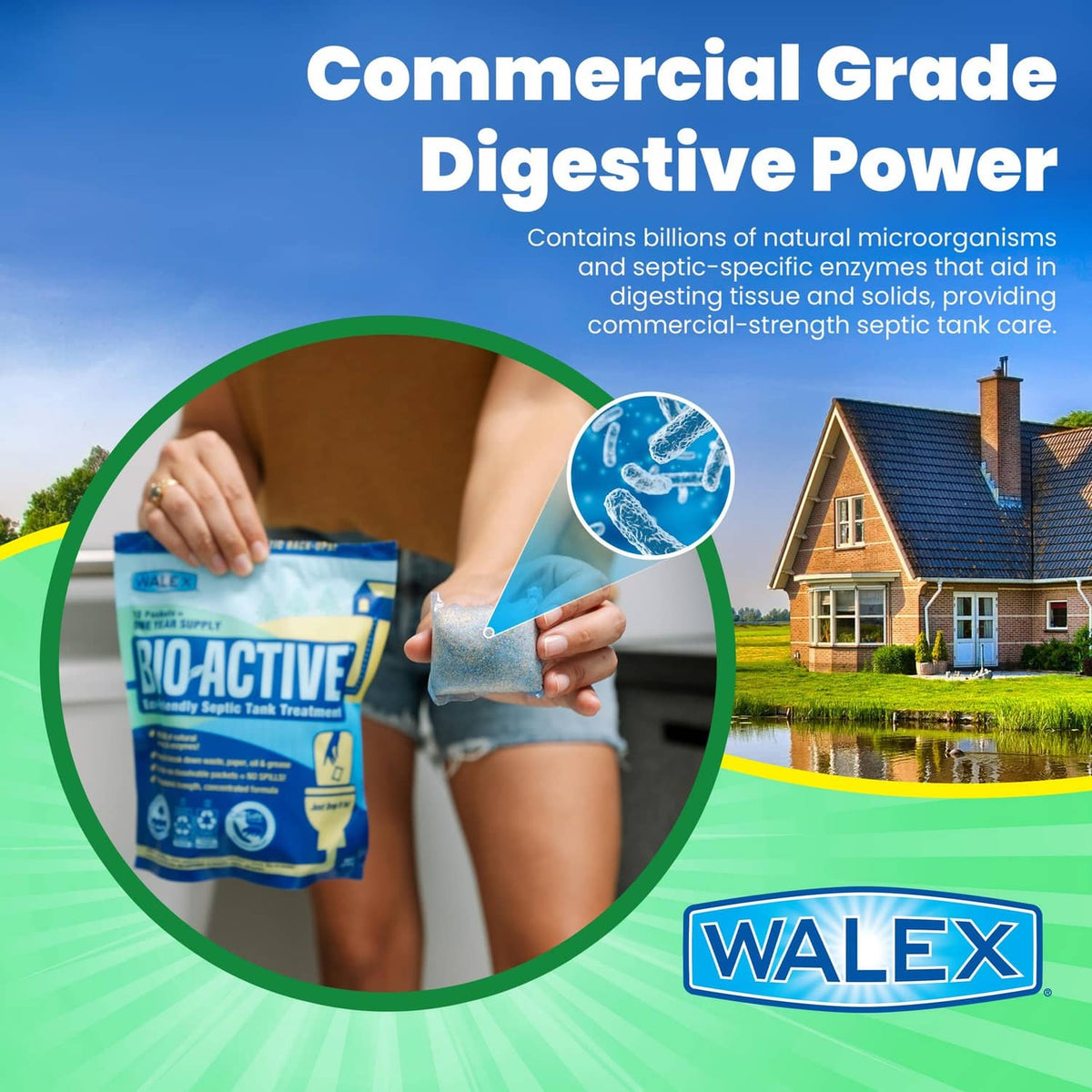 Bio-Active septic tank treatment pouch held in hand, commercial-grade digestive power