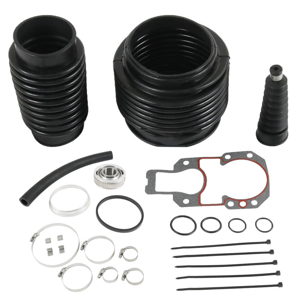 Transom bellows kit with two black boots, small boot, gasket, and O-rings