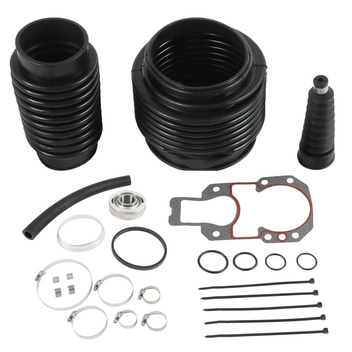 Transom bellows kit with two black boots, small boot, gasket, and O-rings