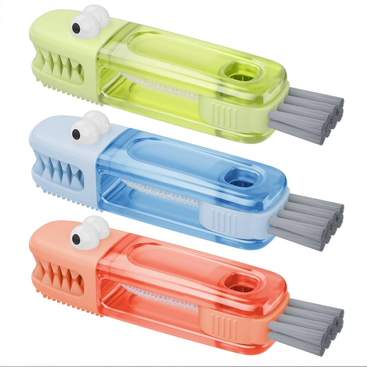 Multicolored cup lid gap cleaning brush set with three snap-on brush heads