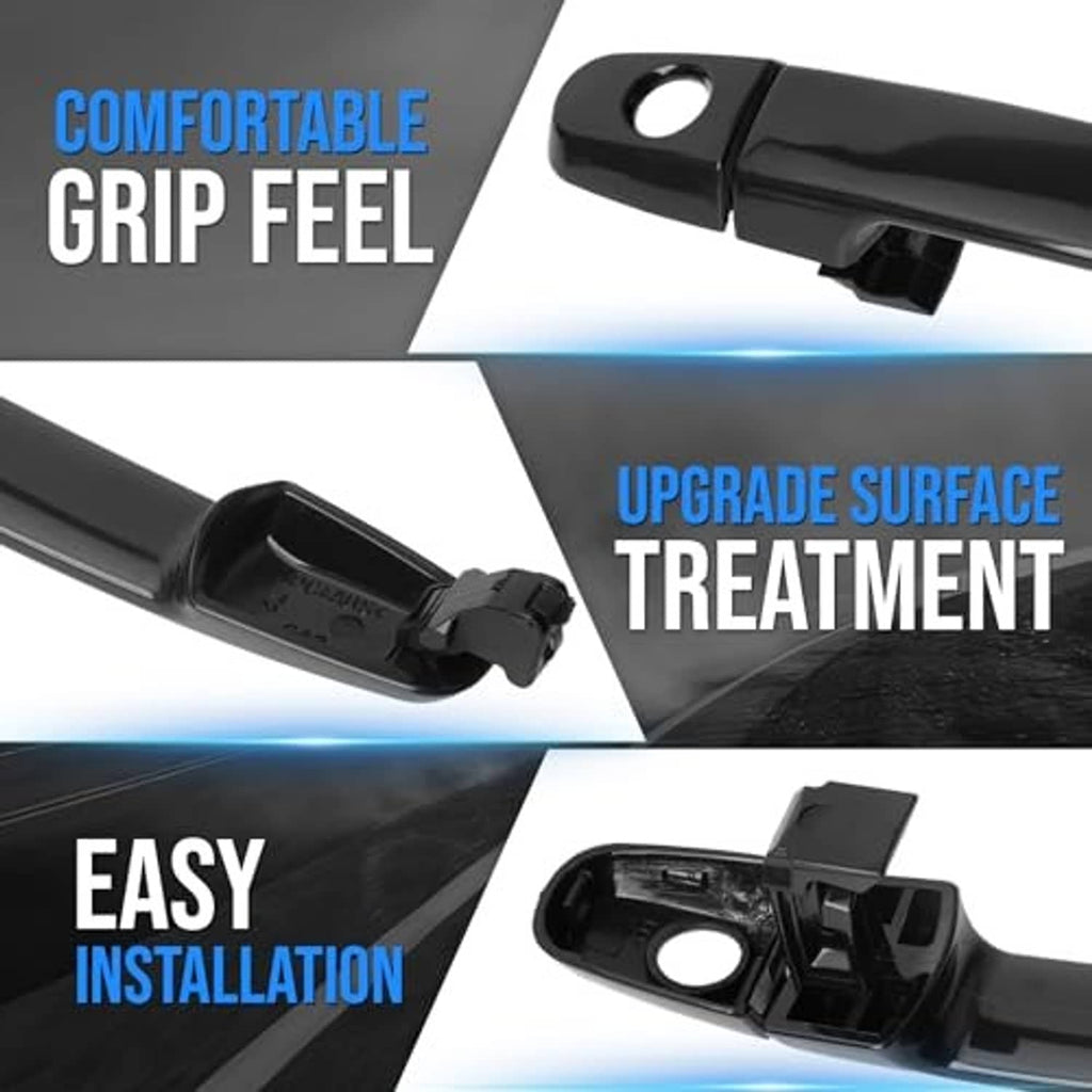 Black exterior door handle with circular keyhole opening and underside mounting clip