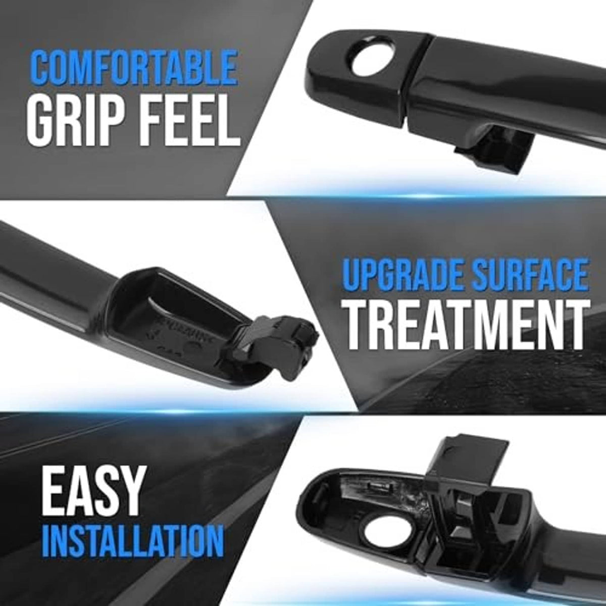 Black exterior door handle with circular keyhole opening and underside mounting clip