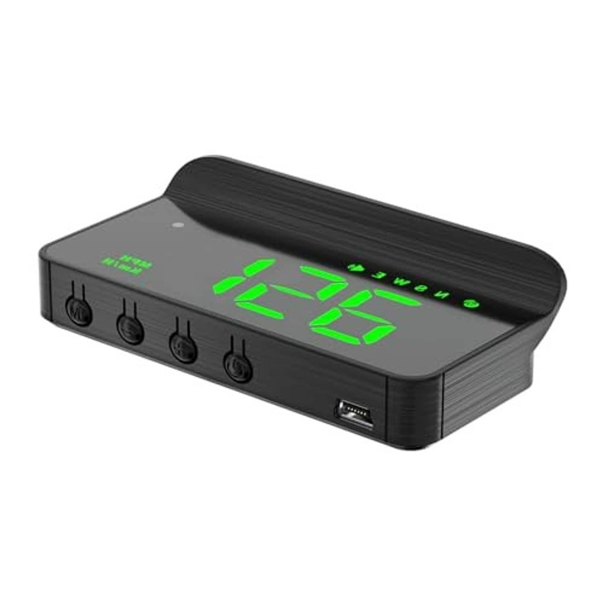 Car HUD projector device with green speed digits, front buttons, and USB charging port