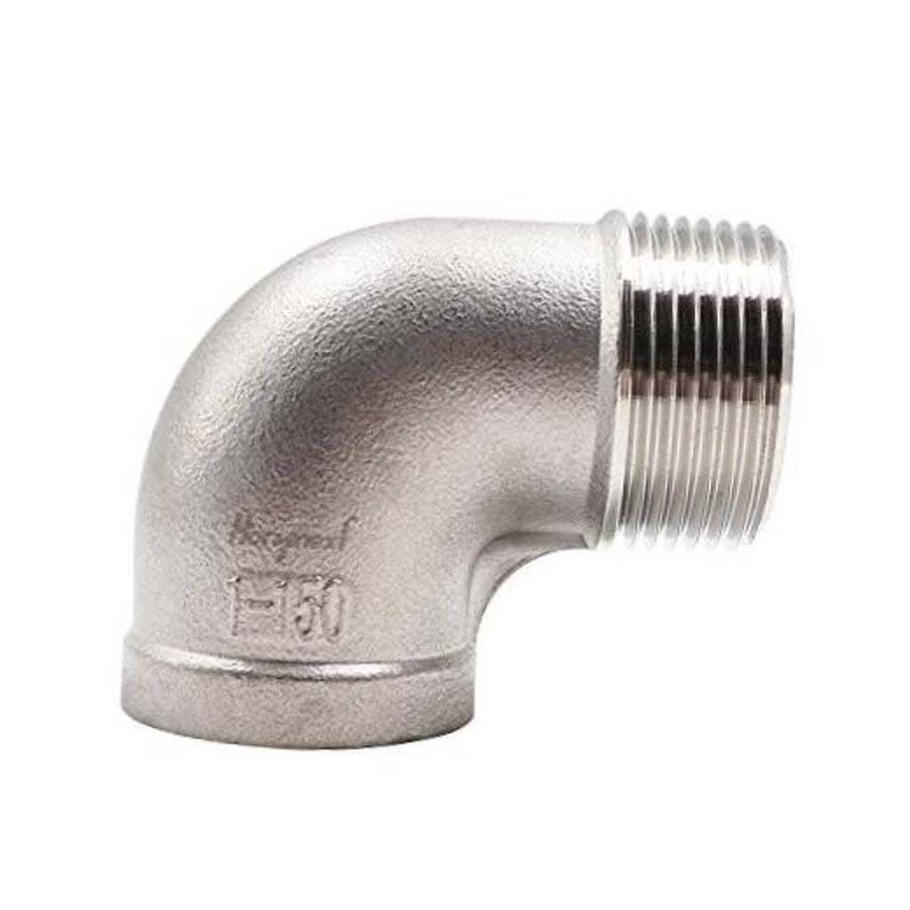 Stainless steel 90-degree elbow fitting with external NPT threads