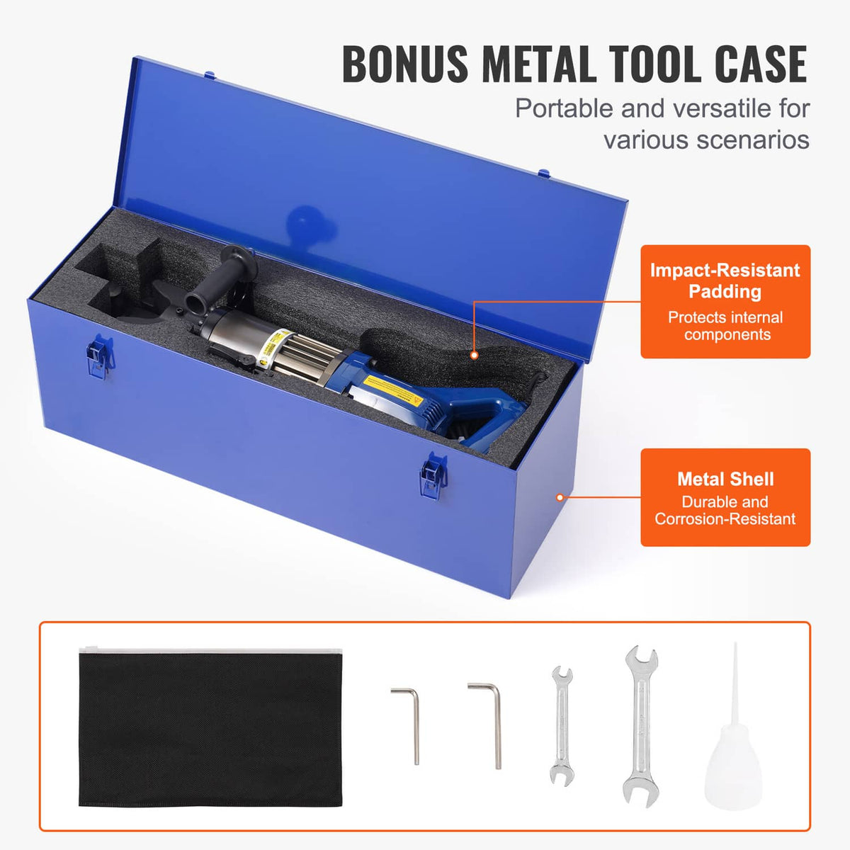 Hydraulic electric rebar bender in bonus metal tool case with accessory fittings