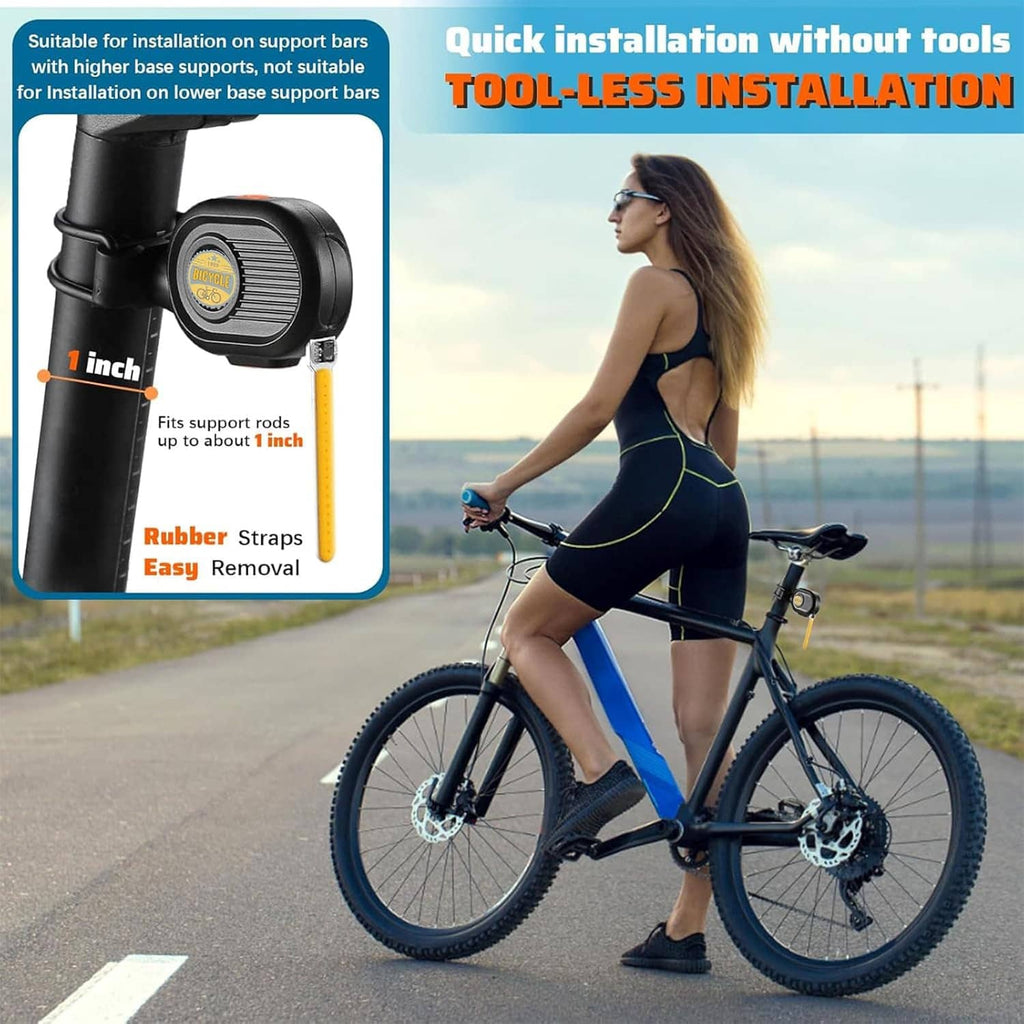 Black LED bike tail light mounted to bike seatpost with rubber straps