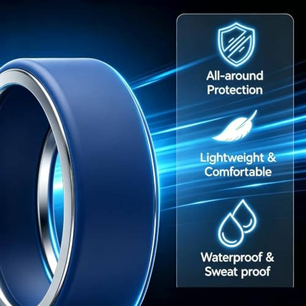 Blue silicone ring protector case with inner metal support channel for smart ring